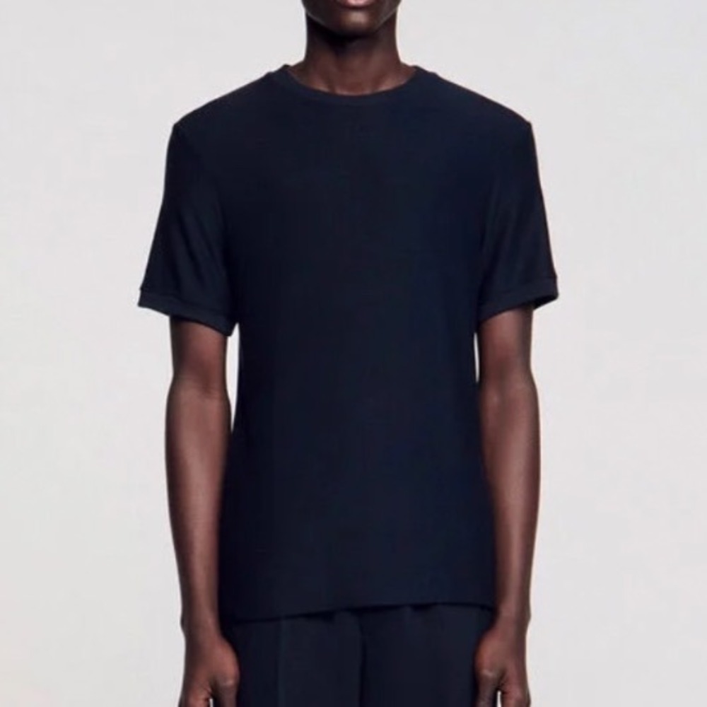 Sandro Paris Mens Navy Blue Mock Neck Viscose Blend Knit T-Shirt Size Large
